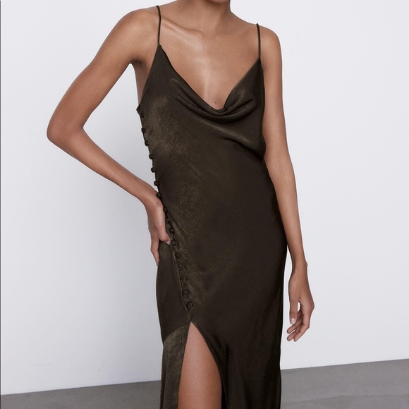 Zara Satin Lingerie Style Dress in Olive Green - Picture 2 of 11